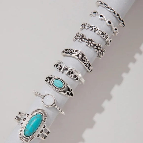 **DULCIE* 9-Pc Silver x Teal Elephant Fashion Ring Set - Picture 4 of 5
